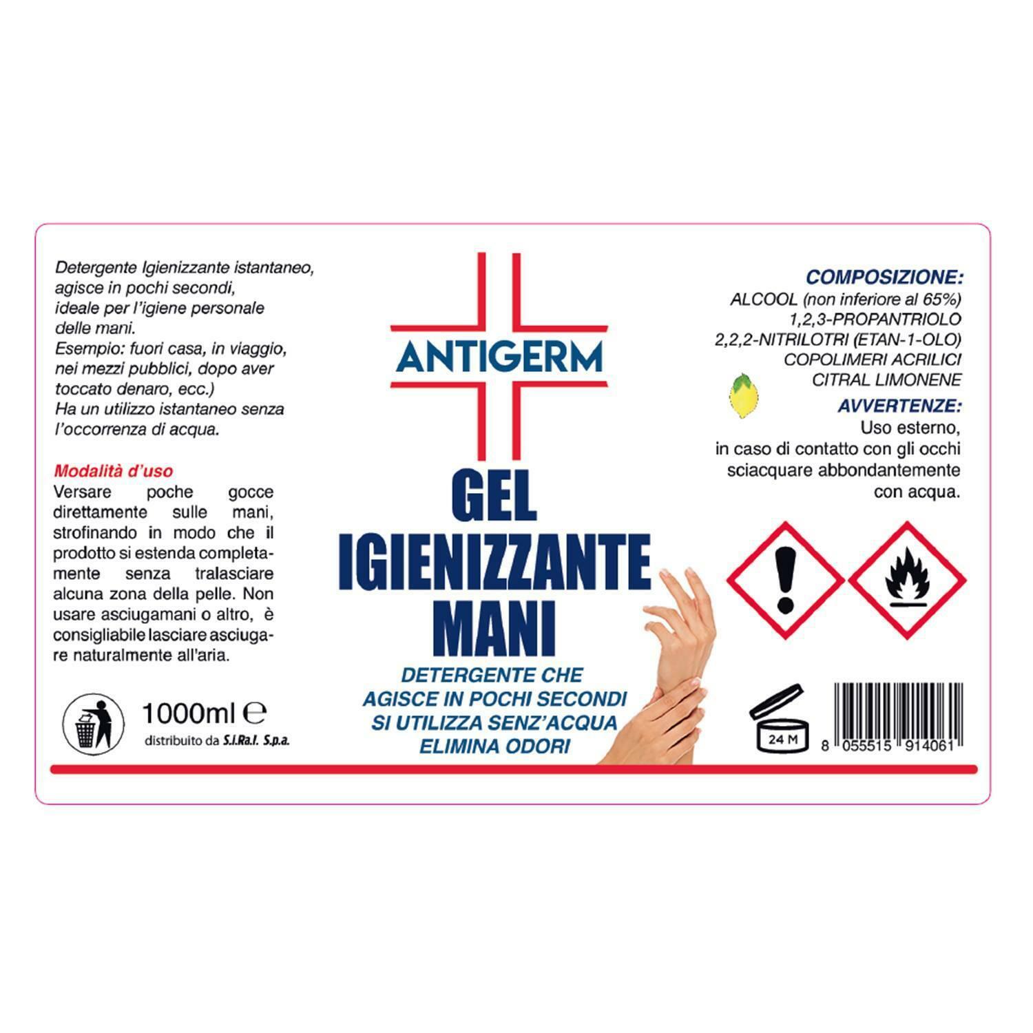 antigerm gel igienizzante mani base alcolica >65% 1 lt - foto 2